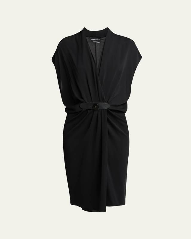 Gathered Leather Buckle Silk Dress